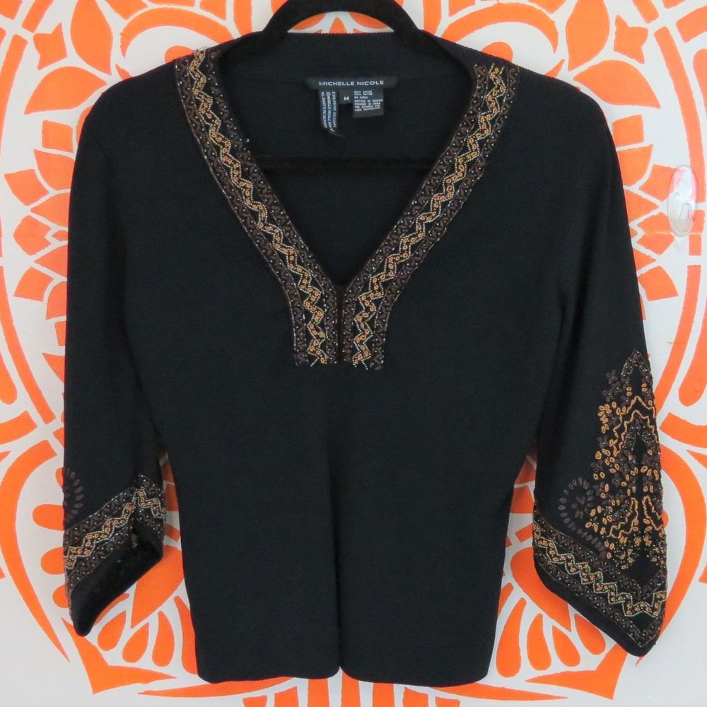 Michelle Nicole Black & Brown Beaded Blouse M - Picture 1 of 3